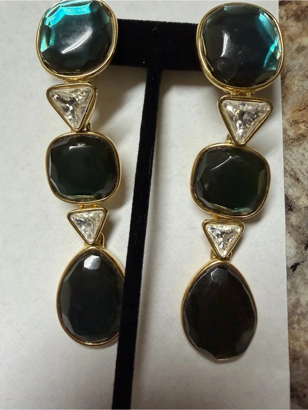 Vintag European Clip-On Statement Earrings - Emerald Green Crystal Drops - Gold